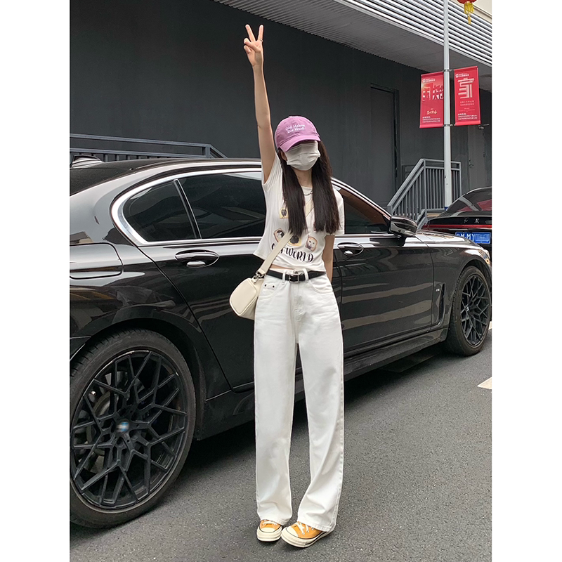 纯哥家白色直筒牛仔裤女2025年夏季新款小个子高腰窄版阔腿拖地裤