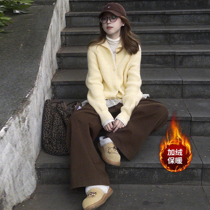 高级感棕咖色阔腿牛仔裤女2025秋冬新款加绒加厚宽松显瘦直筒裤子