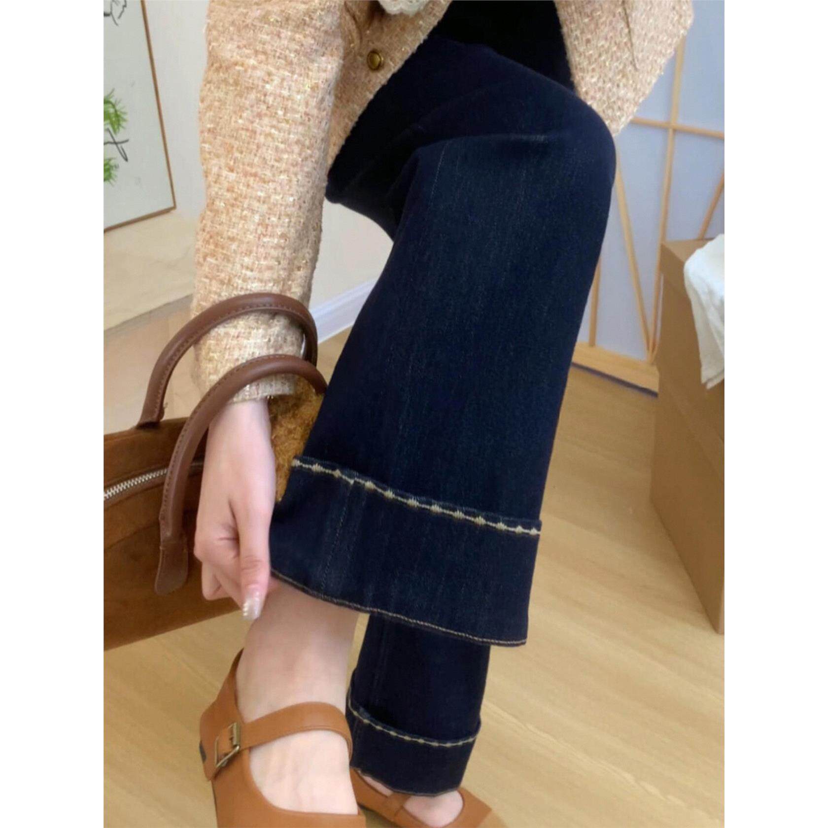 黑金色翻边刺绣牛仔裤女秋冬加绒胖mm小个子宽松显瘦直筒阔腿裤子