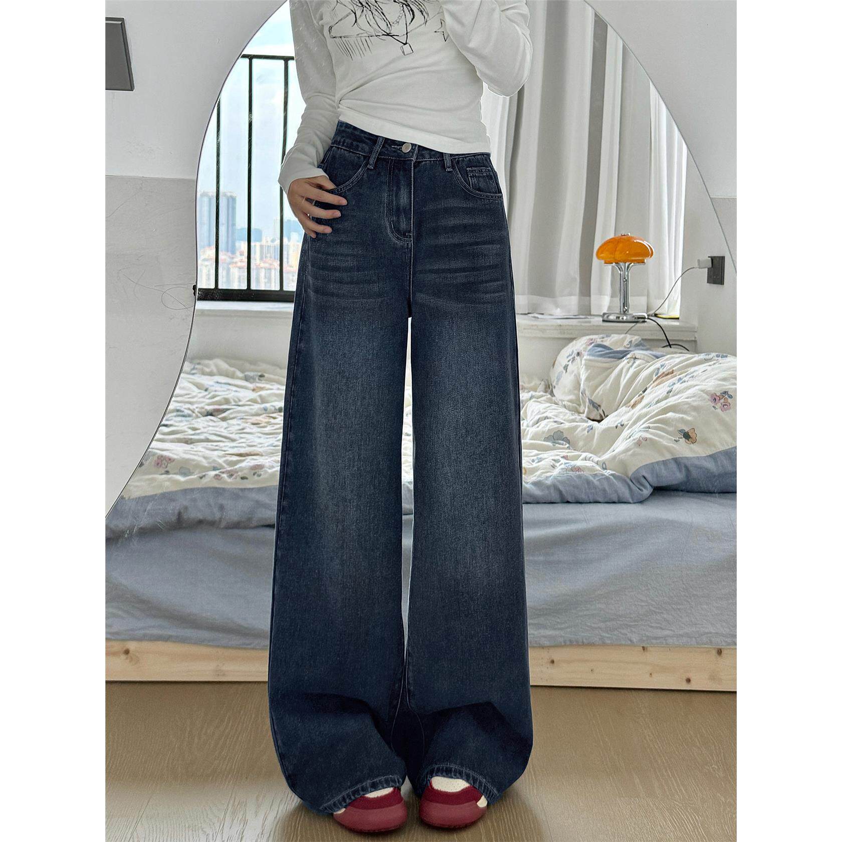 蓝灰色阔腿牛仔裤女秋冬加绒大码胖mm宽松显瘦梨型身材窄版直筒裤