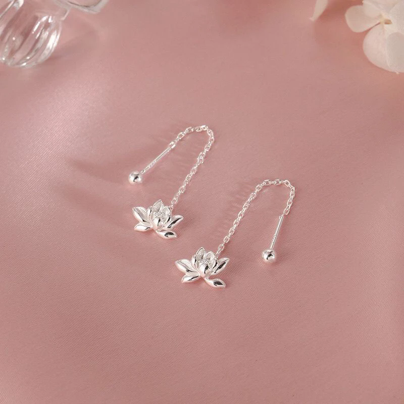 S999纯银莲花耳线女新款设计新中式国风时尚气质荷花耳环轻奢简约
