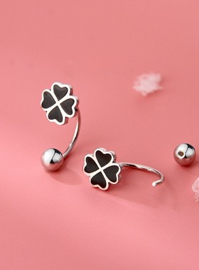 S999纯银黑色四叶草耳钉女简约气质耳环睡觉不用摘养耳洞耳饰轻奢