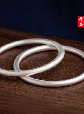 古法传承银手镯女复实心素圈古磨砂简约小众平安镯子礼物S999纯银