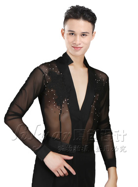 新款拉丁舞衣男士表演服长袖网纱镂空黑色绣花上衣演出服亮钻伦巴