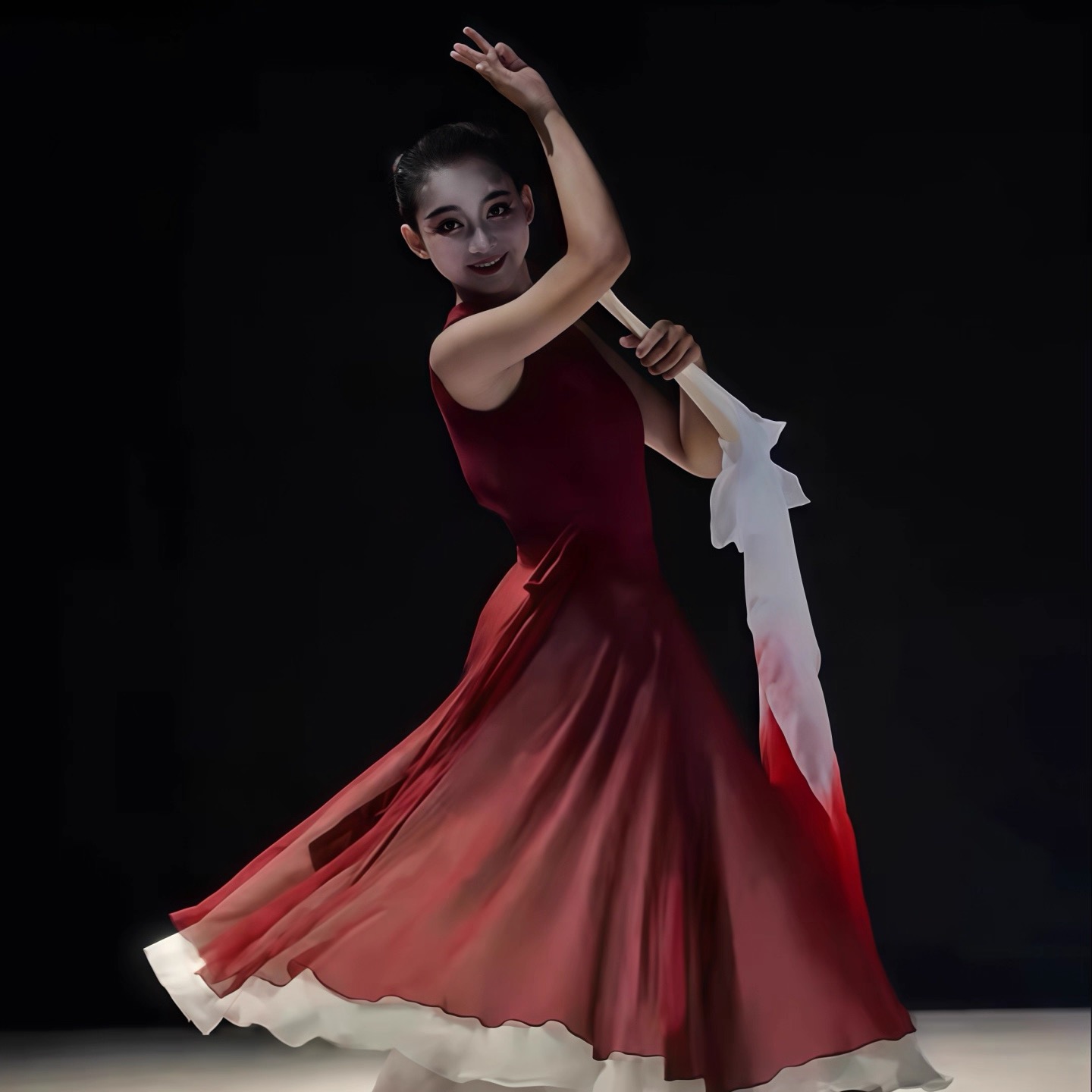 光亮儿童舞蹈服芷潼同款艺考双层大摆裙红色扇子舞古典练功演出服