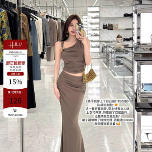 夏季 Hello 17「加州派对」不对称斜肩上衣褶皱包臀长裙套装