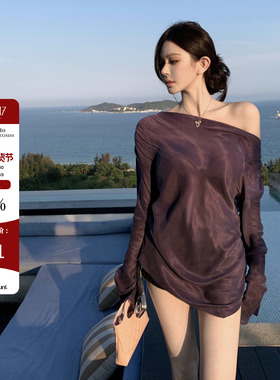 Hello 17「紫啧紫啧」不对称斜肩老钱风蕾丝绑带露背显瘦衬衫女