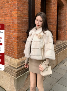 Hello17 【悉尼晨光】环保毛皮草女翻领加厚保暖短款毛毛外套