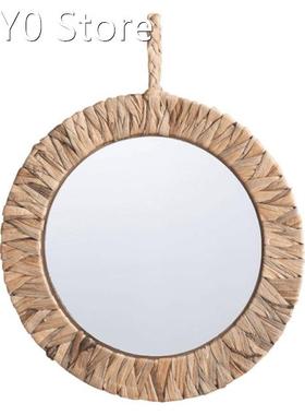 2022 New Pastoral Style Wicker Round Makeup Mirror Rattan Wa