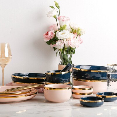 Pink Green Gold Stroke Ceramic dinner Plate Tableware Porcel
