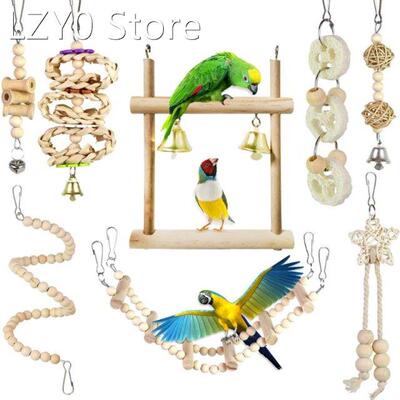 8Pcs/Set Bird Parrot Toys Wooden Hanging Swing Hammock Climb