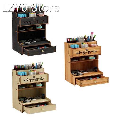 1 Pc Wooden Pen Holder with Drawer Organizer Rack Multi-Func