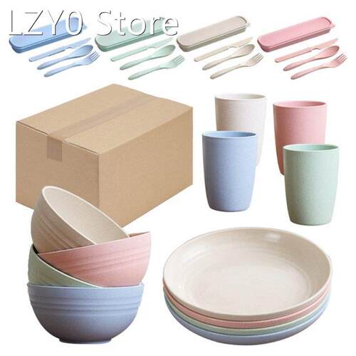 2022 New 28Pcs Wheat Straw Dinnerware Set Lightweight Colorf