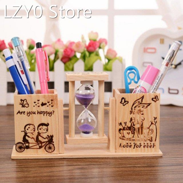 Vintage Cute Hourglass Pen Holder Decorative Wooden Pencil H