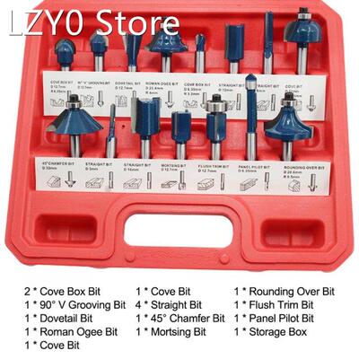 15PCS 1/4 Inch Shank Woodworking Milling Cutter Bits Set Tri