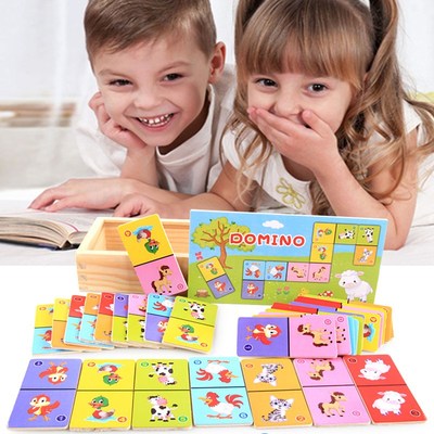 Wooden Domino Animal Recognize Blocks Dominoes Games Jigsaw