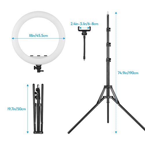 18 Inch LED Ring Light Photography Lamp Set Stepless with T