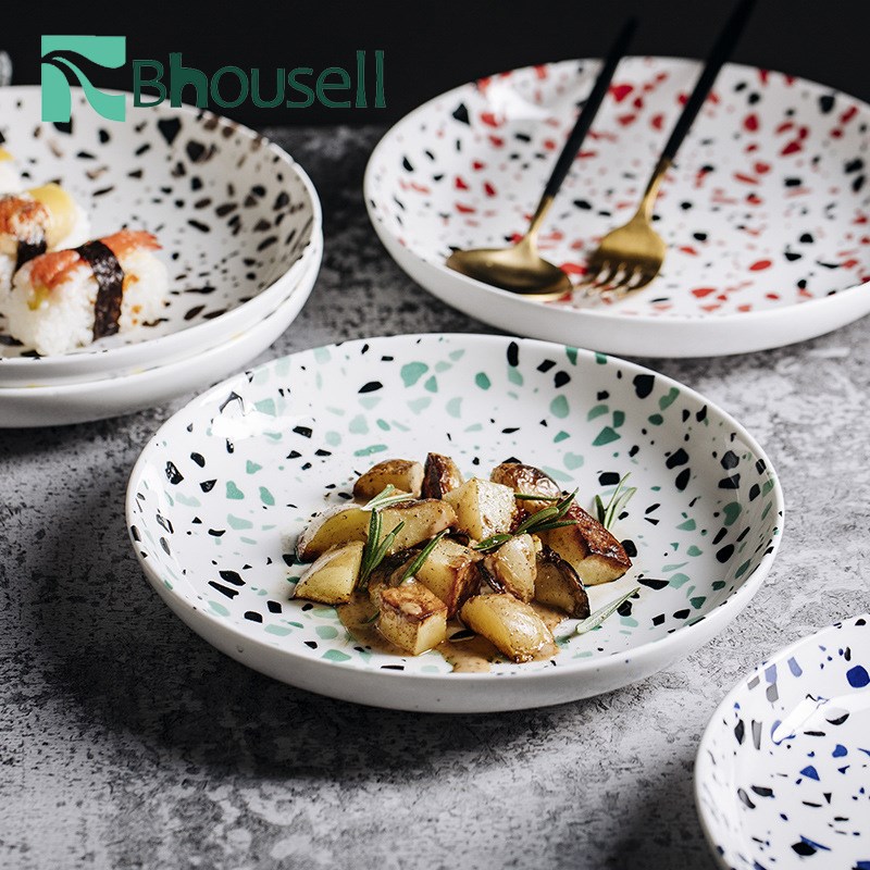 8 inch Nordic Style Ceramic Pasta Plate Terrazzo Tableware W