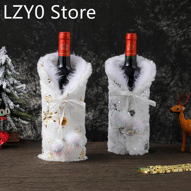 White Plush Christmas Wine Bottle Cover Noel Restaurant Stam