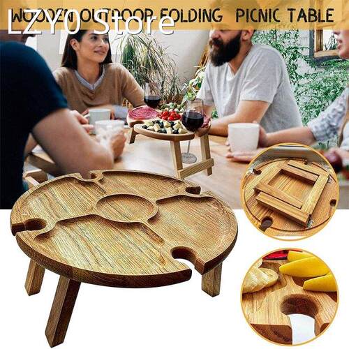 Wooden Outdoor Folding Picnic Table With Glass Holder Round