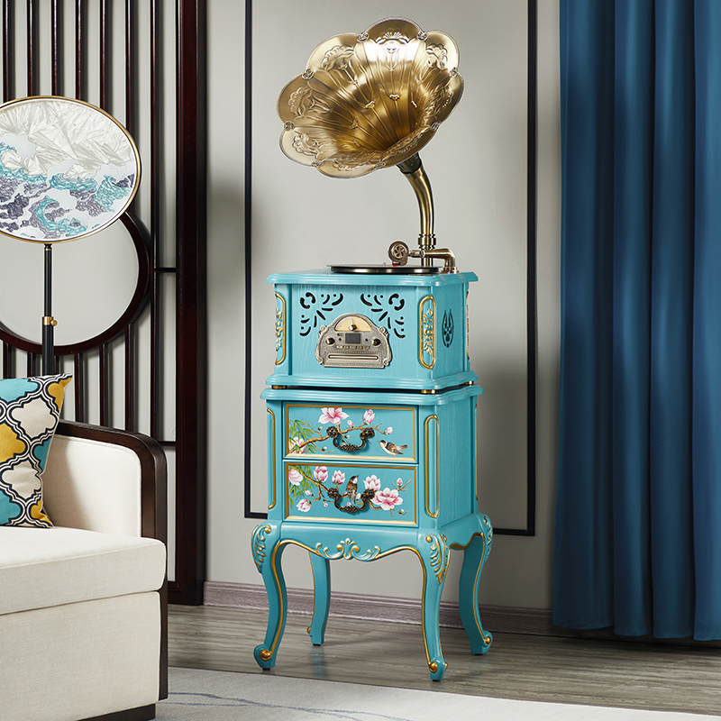 圣利纳新中式实木彩绘复古留声机客厅轻奢黑胶唱片机蓝牙音箱家用