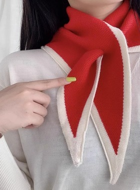 红色小围巾女三角巾冬季保暖百搭韩版新款针织领巾秋冬护颈椎围脖