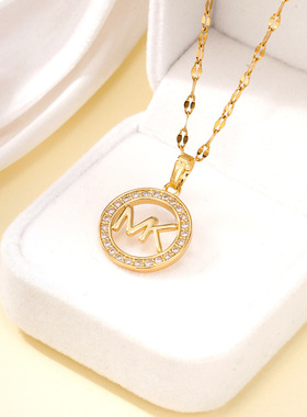 跨境欧美镶钻圆形字母MK吊坠项链女士百搭不锈钢镂空时尚潮流饰品