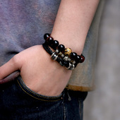 经典 十二星座手链男不锈钢扣头牛皮绳编织手链批发黑胆石ccb