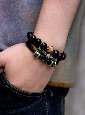 经典十二星座手链男不锈钢扣头牛皮绳编织手链批发黑胆石ccb