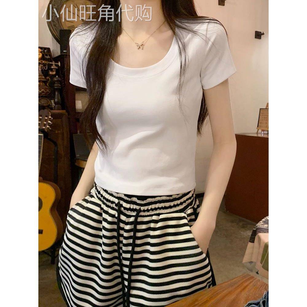 纯欲望低圆领锁骨t恤女性夏季纤细小u领高腰短性感女孩右肩短袖白