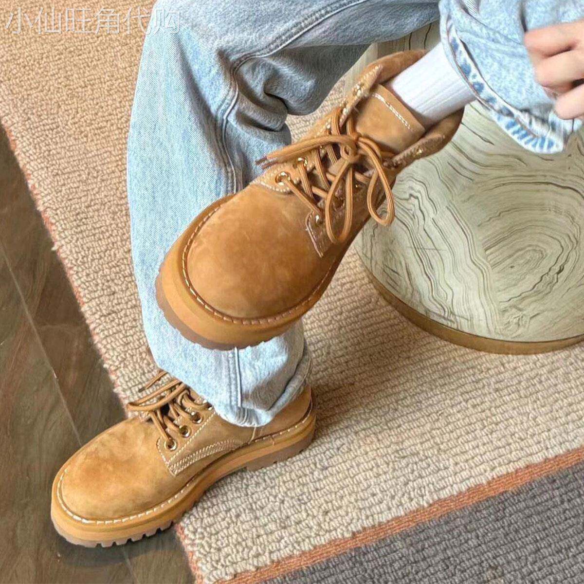 牛皮版~户外沙漠登山靴增高厚底真皮工装女款春秋短靴覆古马丁靴