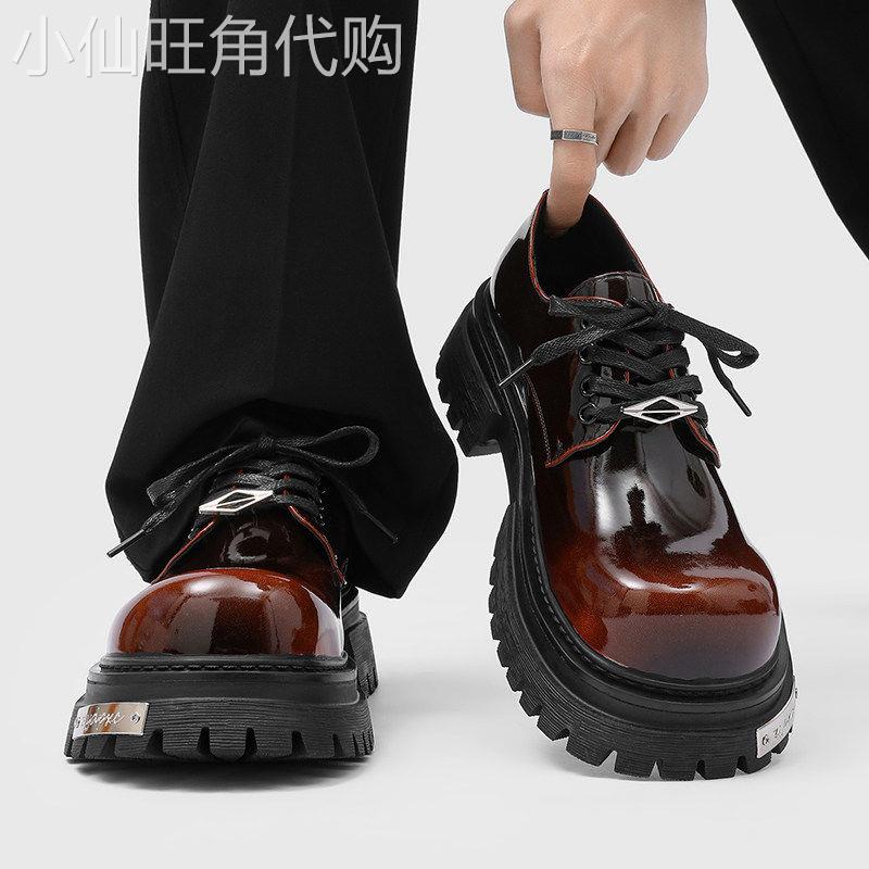 【高品质】棕色德比鞋男漆皮亮面圆头厚底增高大头鞋通勤休闲皮鞋