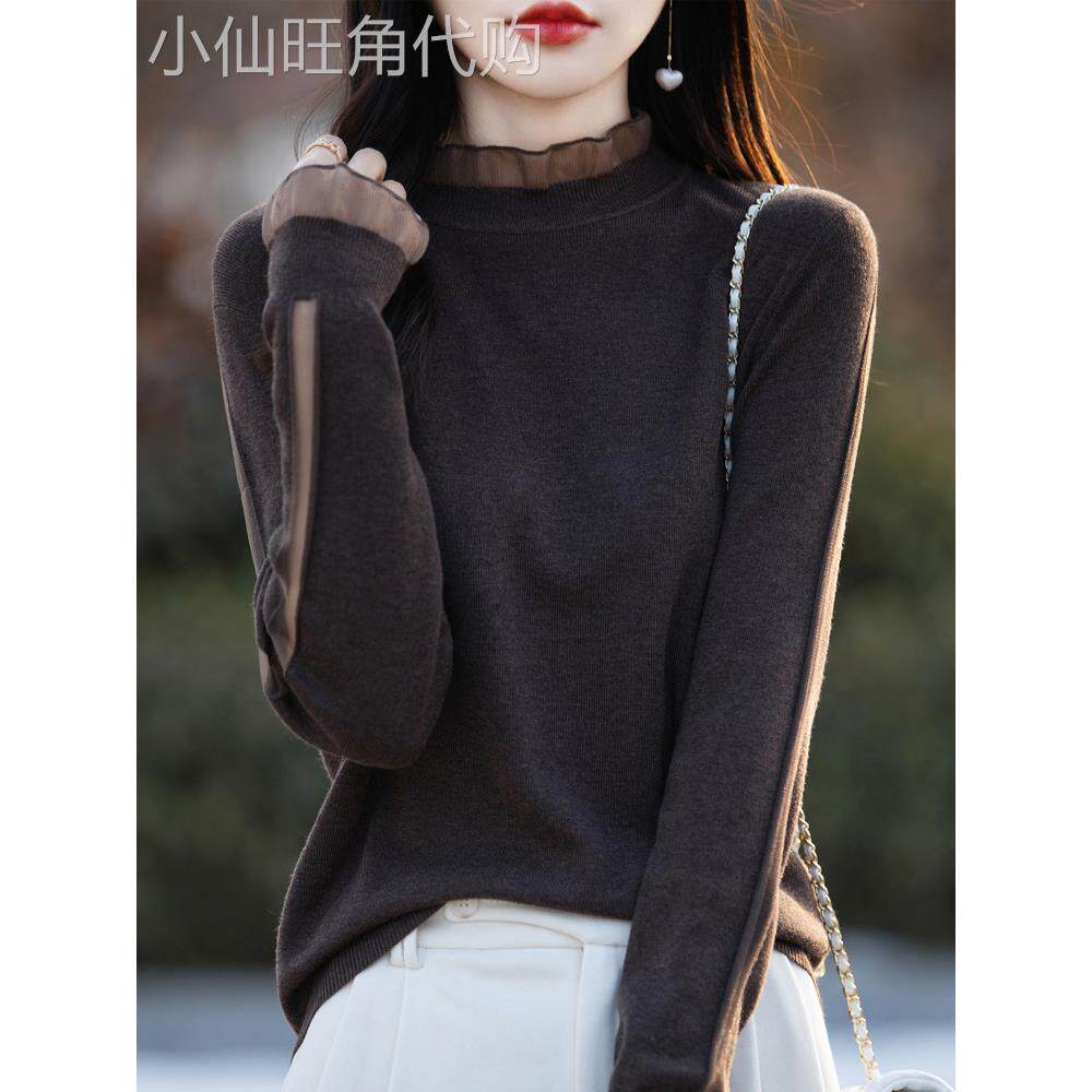 蕾丝拼接针织打底衫女秋冬内搭2025新款大码洋气半高领毛衣女上衣