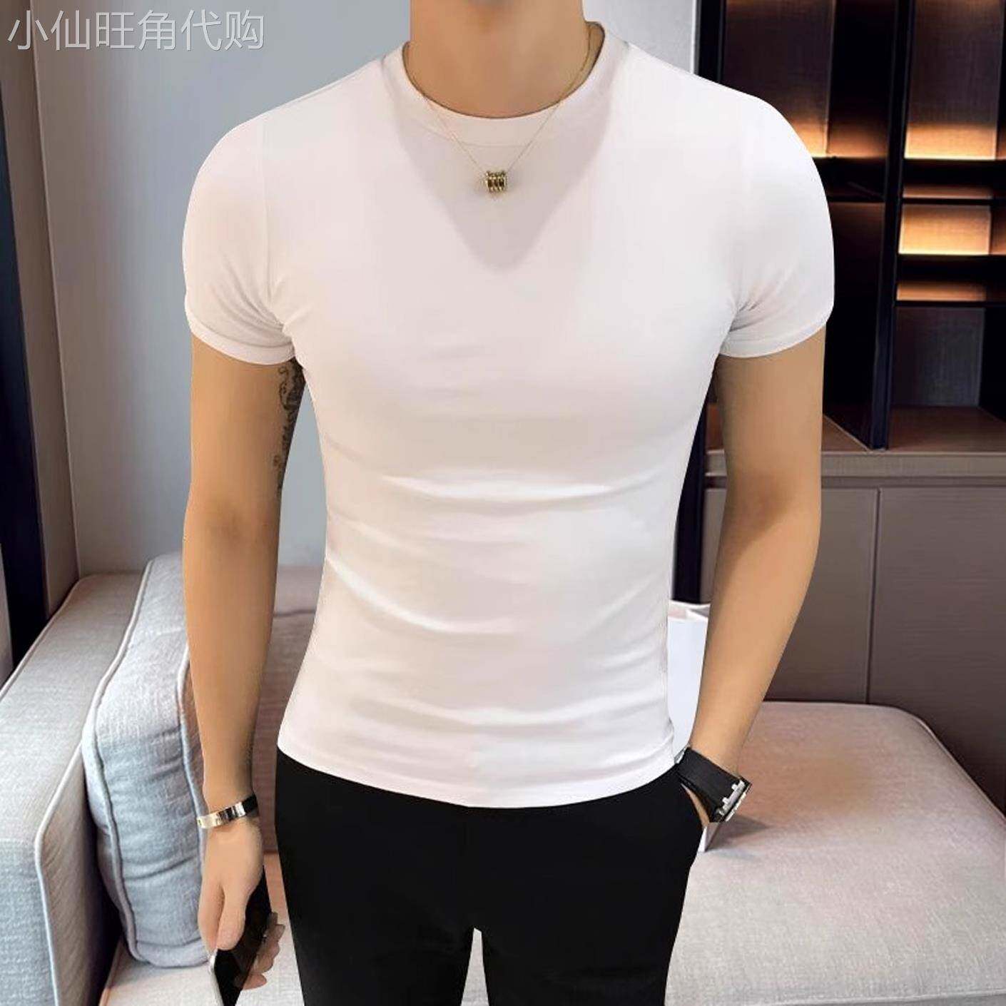 高端男士短袖t恤韩版修身纯棉圆领健身紧身弹力黑白色打底衫半袖