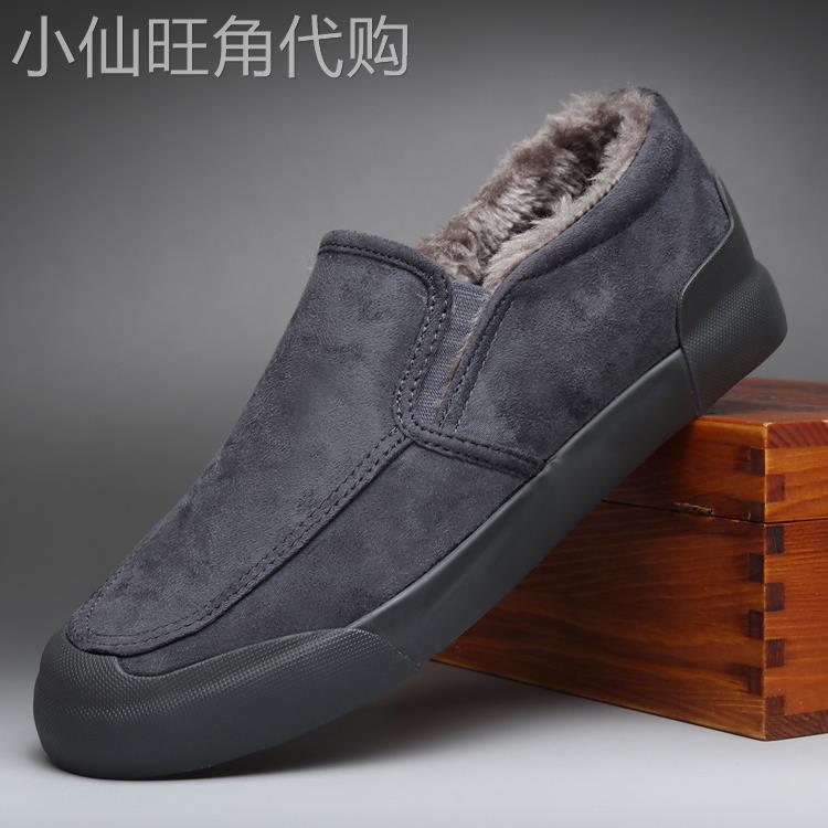 欧洲站保暖帆布棉鞋男士休闲一脚蹬乐福鞋秋冬加绒大码低帮男鞋子