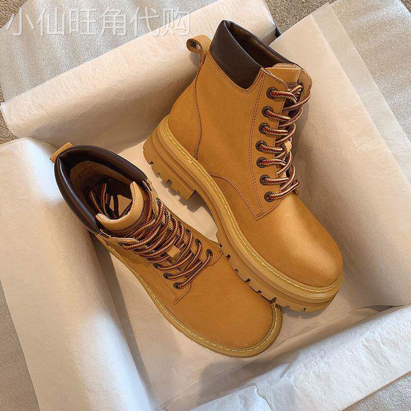 踢不烂大黄靴女磨砂真皮高帮厚底英伦风马丁靴系带短筒工装靴短靴