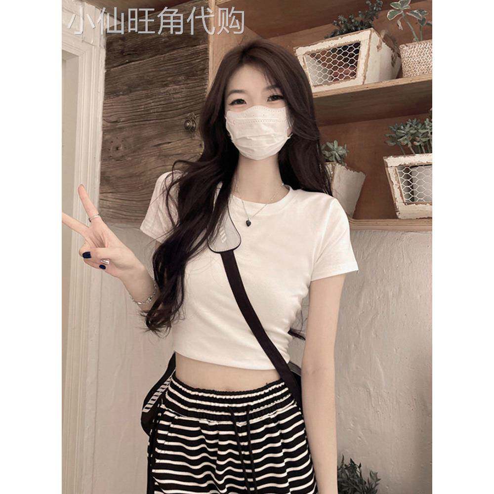 辣妹白色正肩短袖t恤女夏季紧身修身显瘦小个子高腰露脐短款上衣