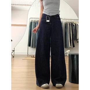 丹宁蓝阔腿牛仔裤女早秋新款大码梨形身材高腰垂感宽松直筒拖地裤