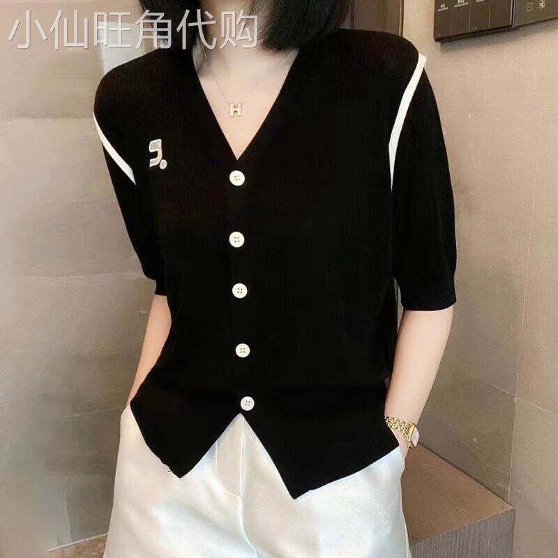 黑色冰丝针织衫短袖t恤女夏季2026新款短款收腰V领时尚开衫上衣女