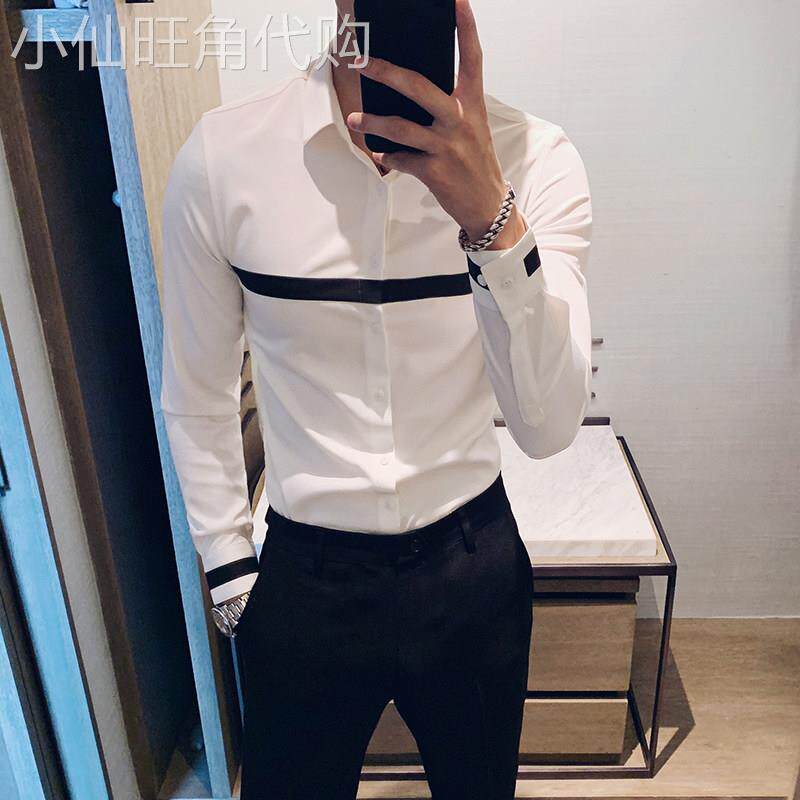 长袖衬衫男韩版潮流帅气修身时尚拼接商务休闲 条纹男士衬衫设计
