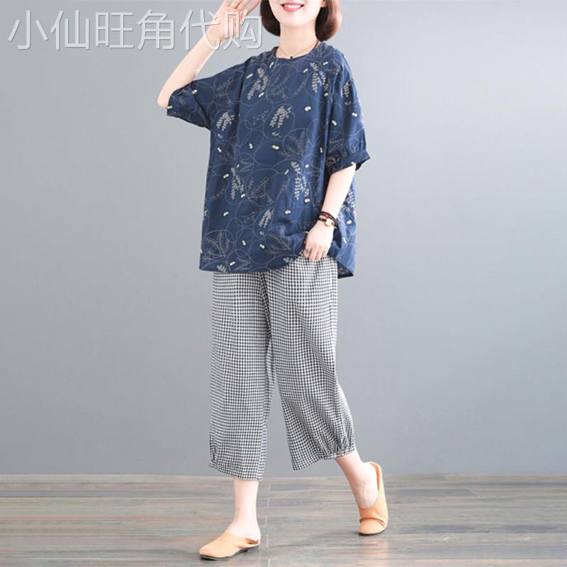 潮牌中老年女装妈妈夏季套装大尺码上衣短袖T恤休闲棉麻亚麻一整