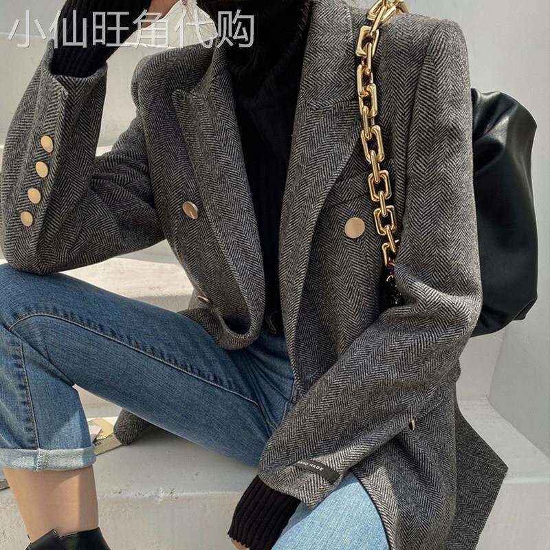 复古人字纹毛呢西装外套女2025秋冬新款韩版高级感中长款修身西服