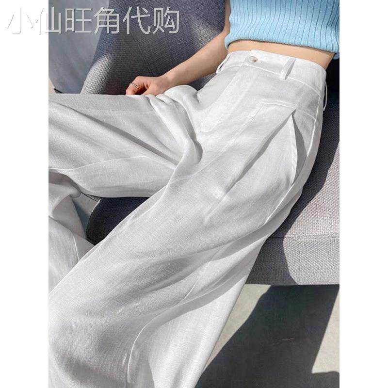 白色亚麻阔腿裤女夏薄款2026新款高腰宽松休闲西装天丝棉麻长裤子
