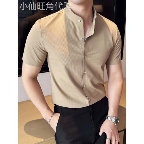 高端中式立领男士短袖衬衫2025新款纯色冰丝清凉休闲衬衫夏季男士