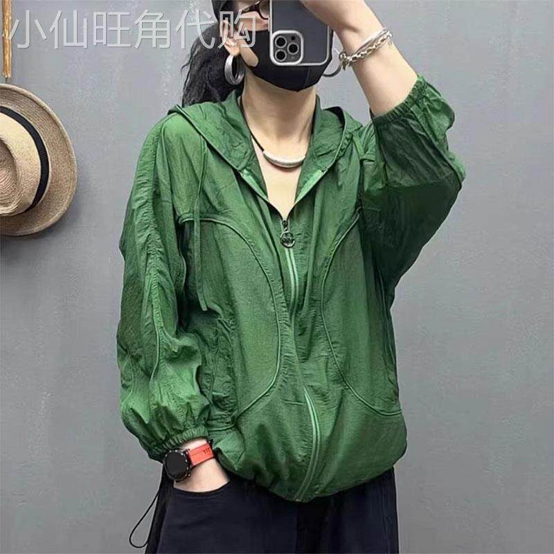 绿色连帽防晒衣女士2025夏季新款户外轻薄透气遮阳上衣防晒服外套