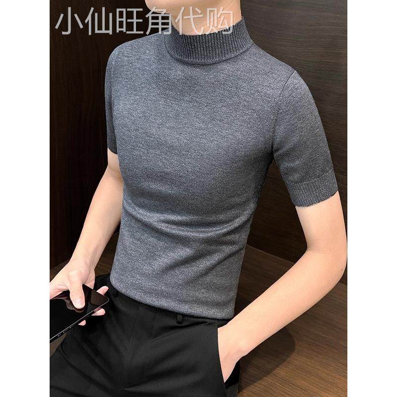 针织半高领男士打底衫内搭2025新款短袖半袖高领秋季修身t恤男款
