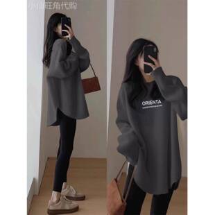 德荣秋冬女士长袖t恤,胖Mm宽松大码,中长下摆衬衫配鲨鱼裤上衣