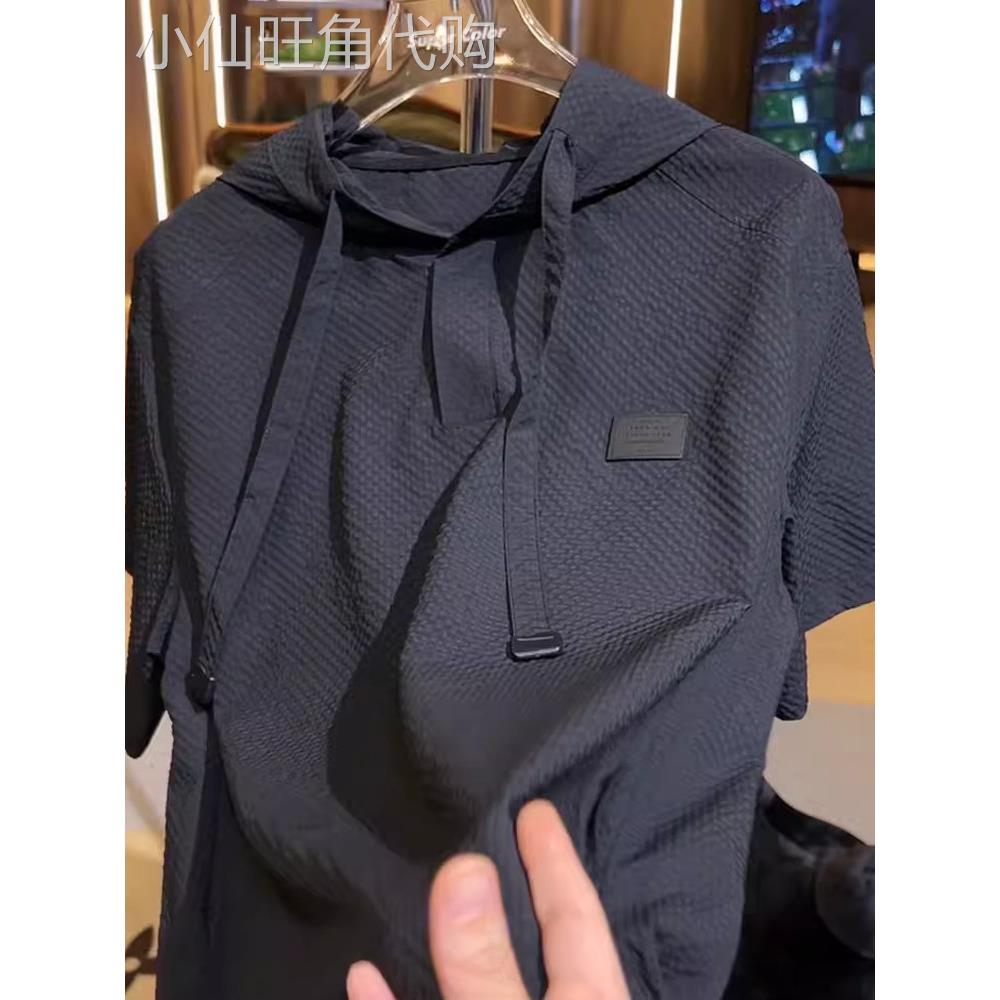高端速干运动T恤短袖男士2025新款潮牌连帽半袖防晒衣服上衣男款