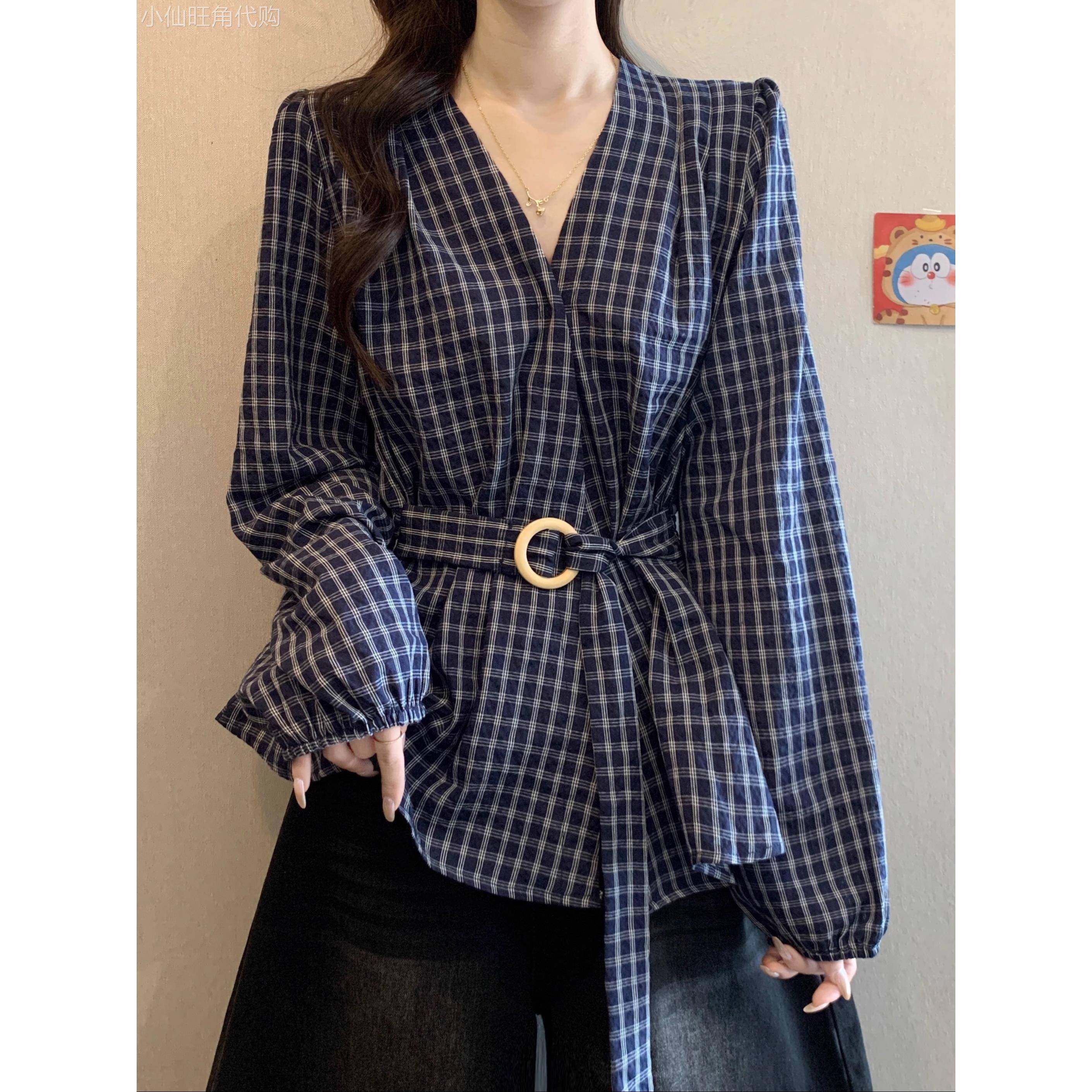 格子衬衫女秋冬2025新款遮肚时髦时尚洋气韩系绑带深蓝色长袖上衣