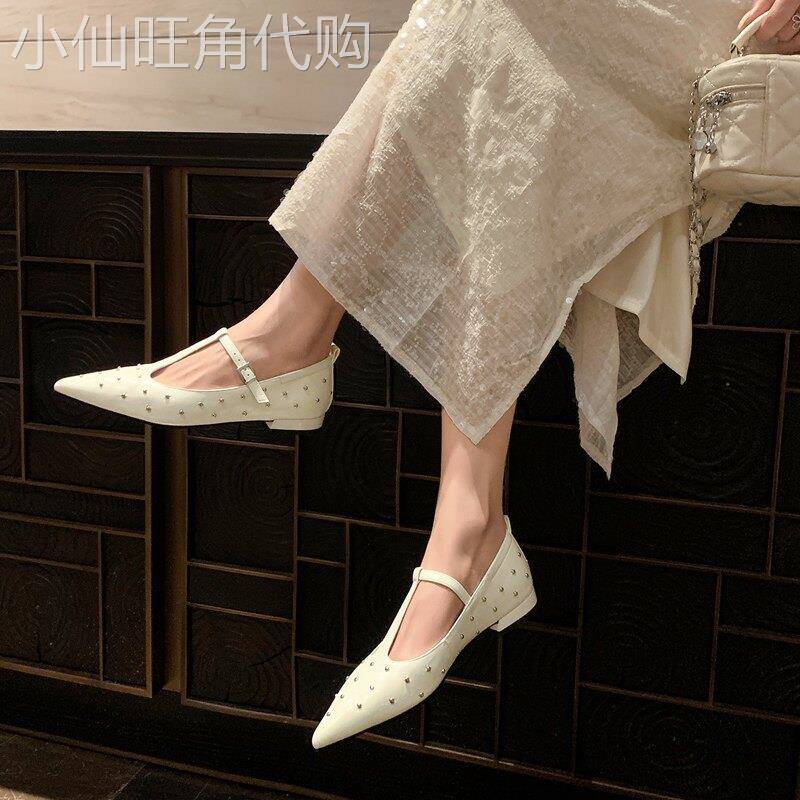 大女主特辑~欧洲站气质铆钉丁字鞋女春尖头真皮玛丽珍鞋平底单鞋